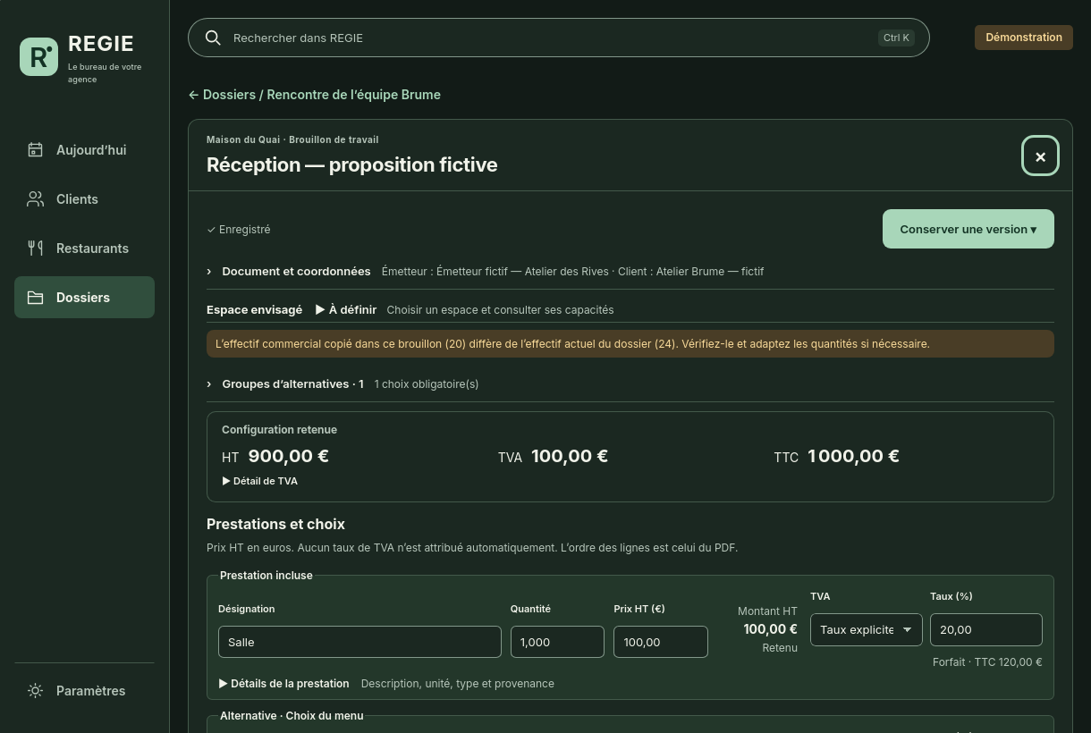 REGIE 0.6.0 — Préparer, données fictives