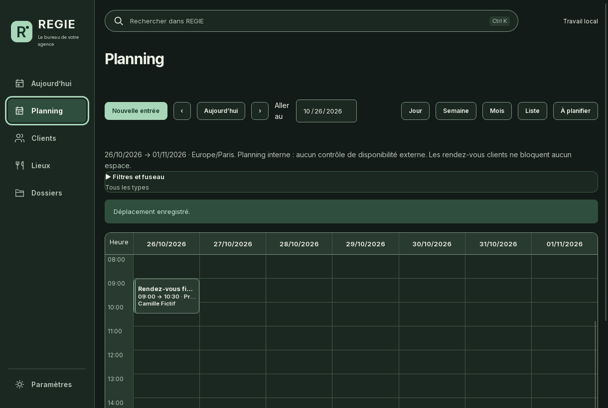 REGIE 0.6.0 — Planifier, données fictives
